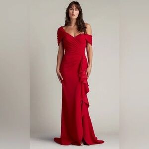 Tadashi Shoji Off-Shoulder Pleated Sheath Evening Dress Red , XL